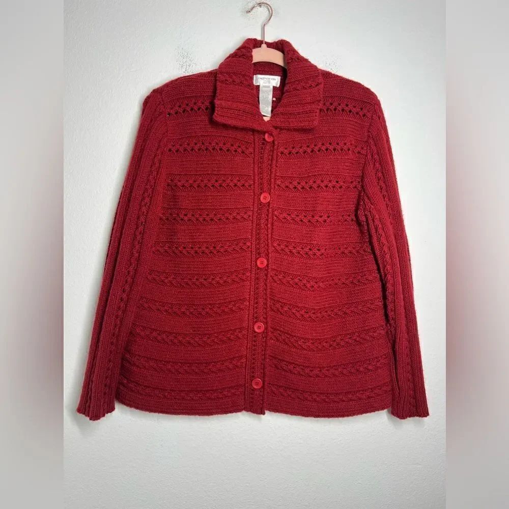 Jones New York Womens Sweater Cardigan Sz L/P Red Knit Button Classic LongSleeve